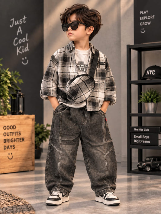 Boys Urban Streetwear 4-Piece Outfit Set | Check Shirt, Printed Tee, Denim Pants & Sling Bag | 1-6 Years