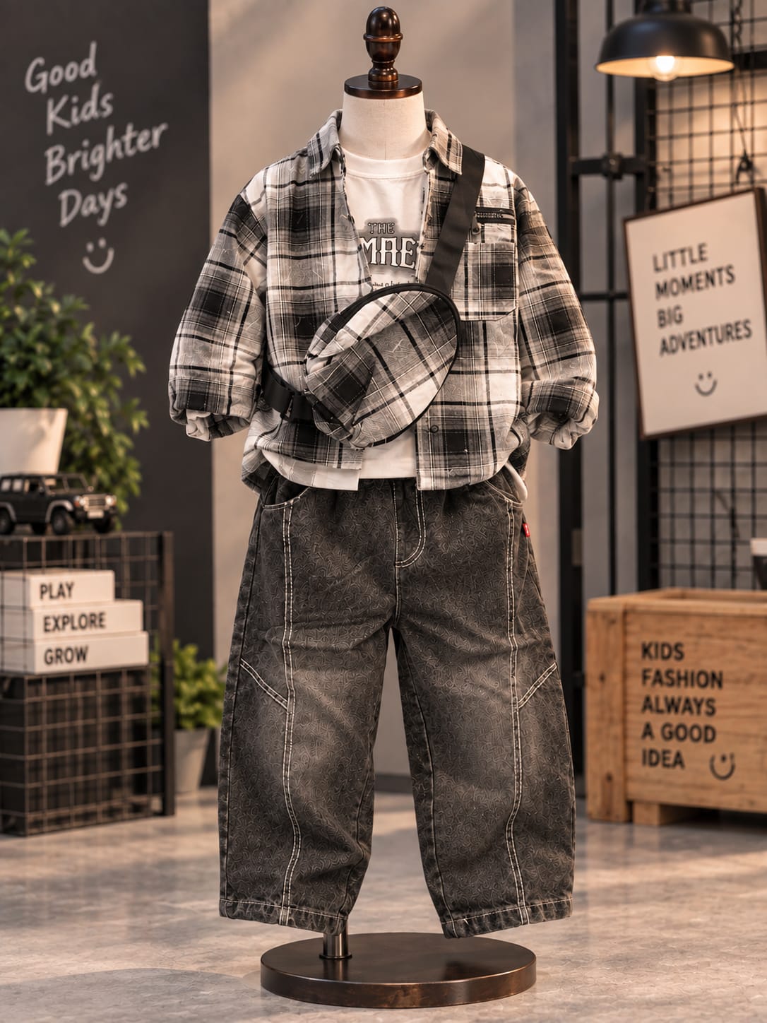 Boys Urban Streetwear 4-Piece Outfit Set | Check Shirt, Printed Tee, Denim Pants & Sling Bag | 1-6 Years