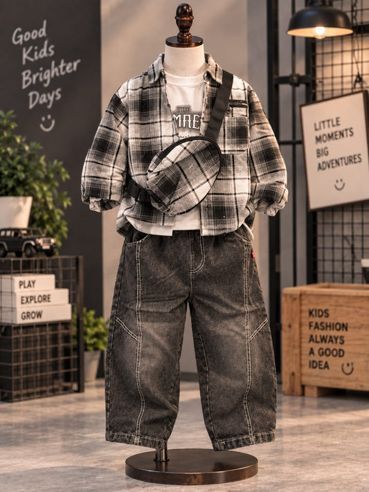 Boys Urban Streetwear 4-Piece Outfit Set | Check Shirt, Printed Tee, Denim Pants & Sling Bag | 1-6 Years