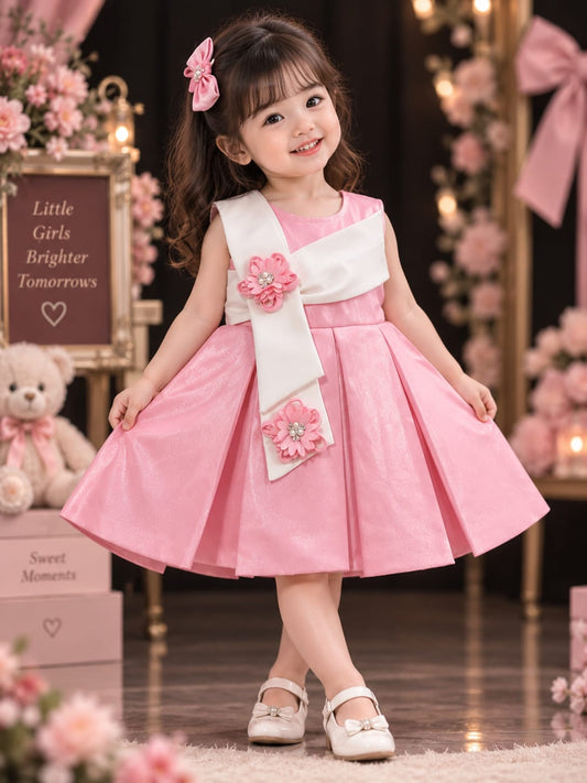 WANSTER Kids Pink Princess Party Dress | Floral Bow Designer Frock for Girls | 1-4 Years