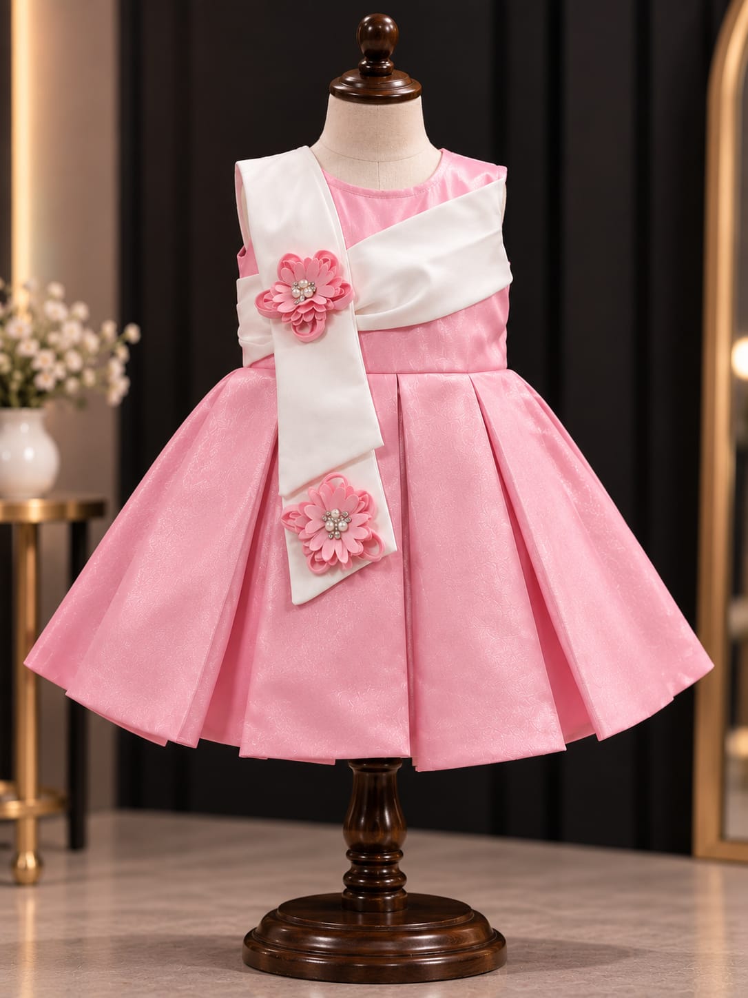 WANSTER Kids Pink Princess Party Dress | Floral Bow Designer Frock for Girls | 1-4 Years