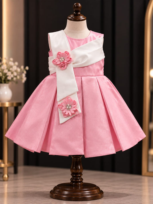 WANSTER Kids Pink Princess Party Dress | Floral Bow Designer Frock for Girls | 1-4 Years
