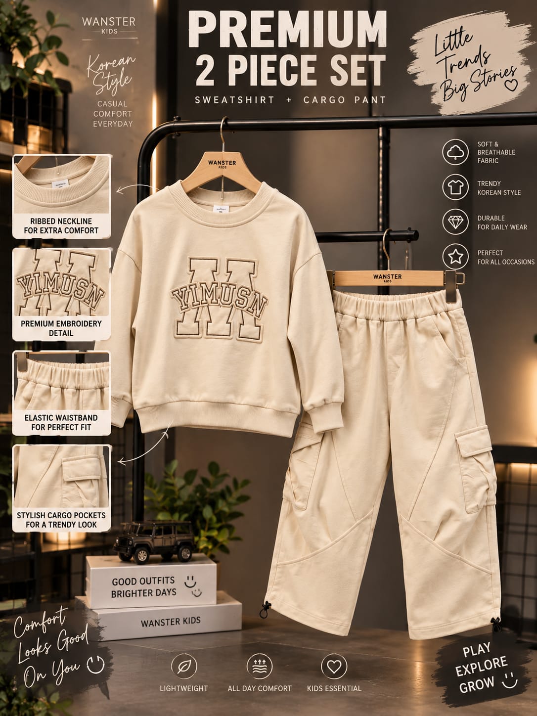 WANSTER Kids Premium Co-Ord Set | Sweatshirt & Cargo Jogger Set for Boys | 6-11 Years