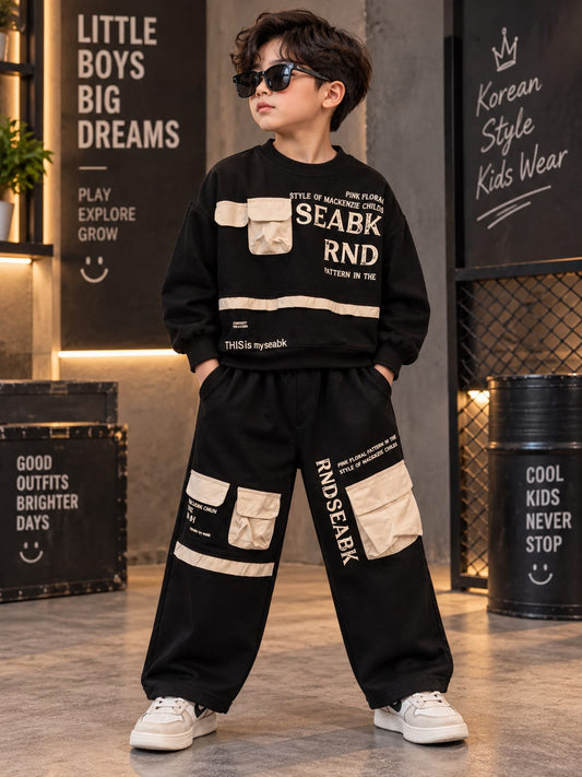 WANSTER Kids Korean Streetwear Co-Ord Set | Premium Sweatshirt & Cargo Pants Set for Boys | 6-11 Years