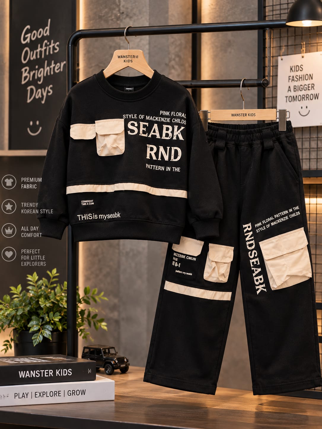 WANSTER Kids Korean Streetwear Co-Ord Set | Premium Sweatshirt & Cargo Pants Set for Boys | 6-11 Years
