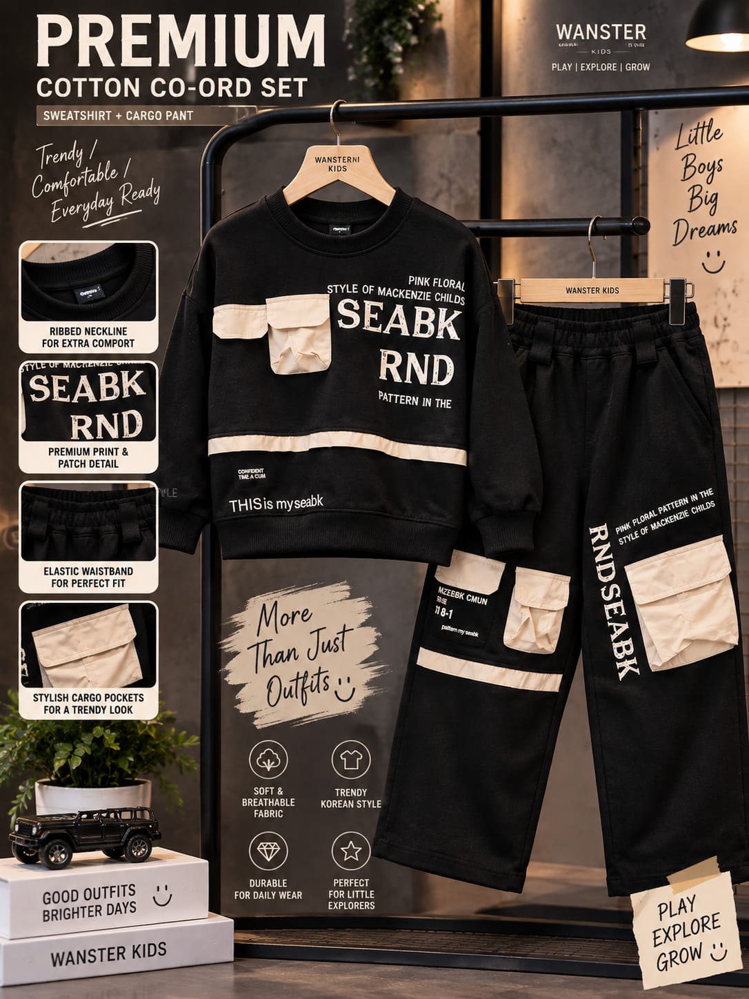 WANSTER Kids Korean Streetwear Co-Ord Set | Premium Sweatshirt & Cargo Pants Set for Boys | 6-11 Years