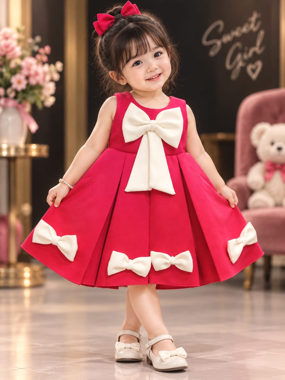 Girls Hot Pink Party Bow Dress | Premium Princess Occasion Dress | 1-4 Years