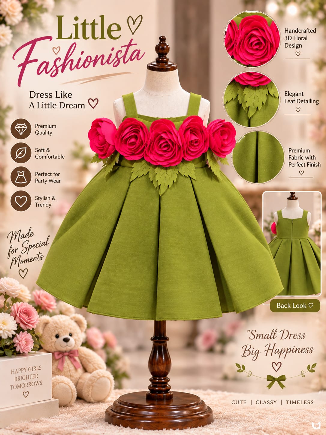 Girls Floral Rose Party Dress | Premium Designer Occasion Dress | 1-4 Years