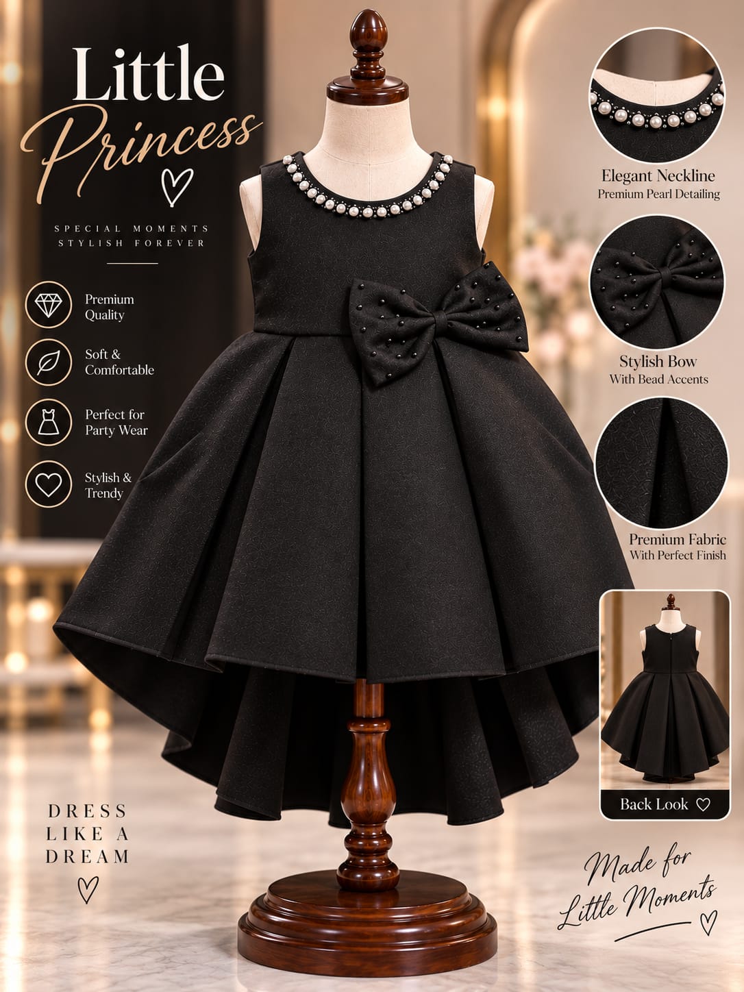 Girls Black Pearl Party Dress | Premium Princess Occasion Dress | 1-4 Years