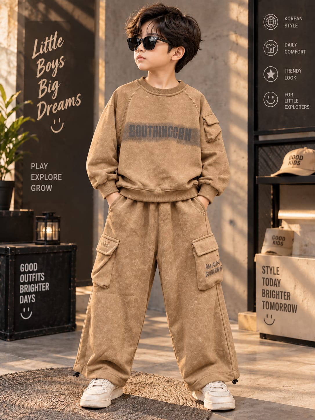 Boys Korean Cargo Co-Ord Set | Premium Beige Sweatshirt & Cargo Pants | 6-11 Years