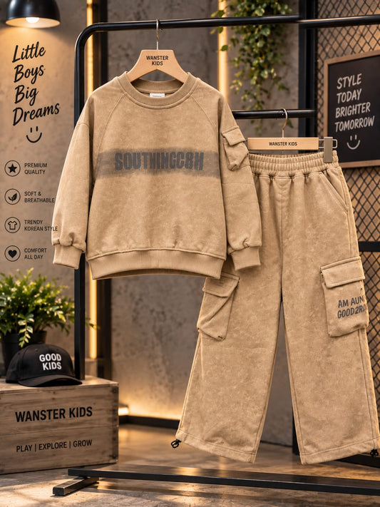 Boys Korean Cargo Co-Ord Set | Premium Beige Sweatshirt & Cargo Pants | 6-11 Years