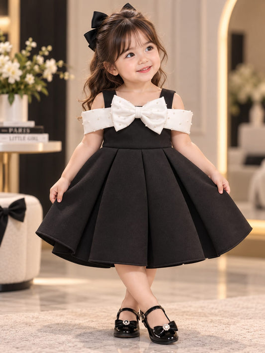 Black & White Pearl Bow Party Dress | Girls Premium Princess Dress | 1-4 Years