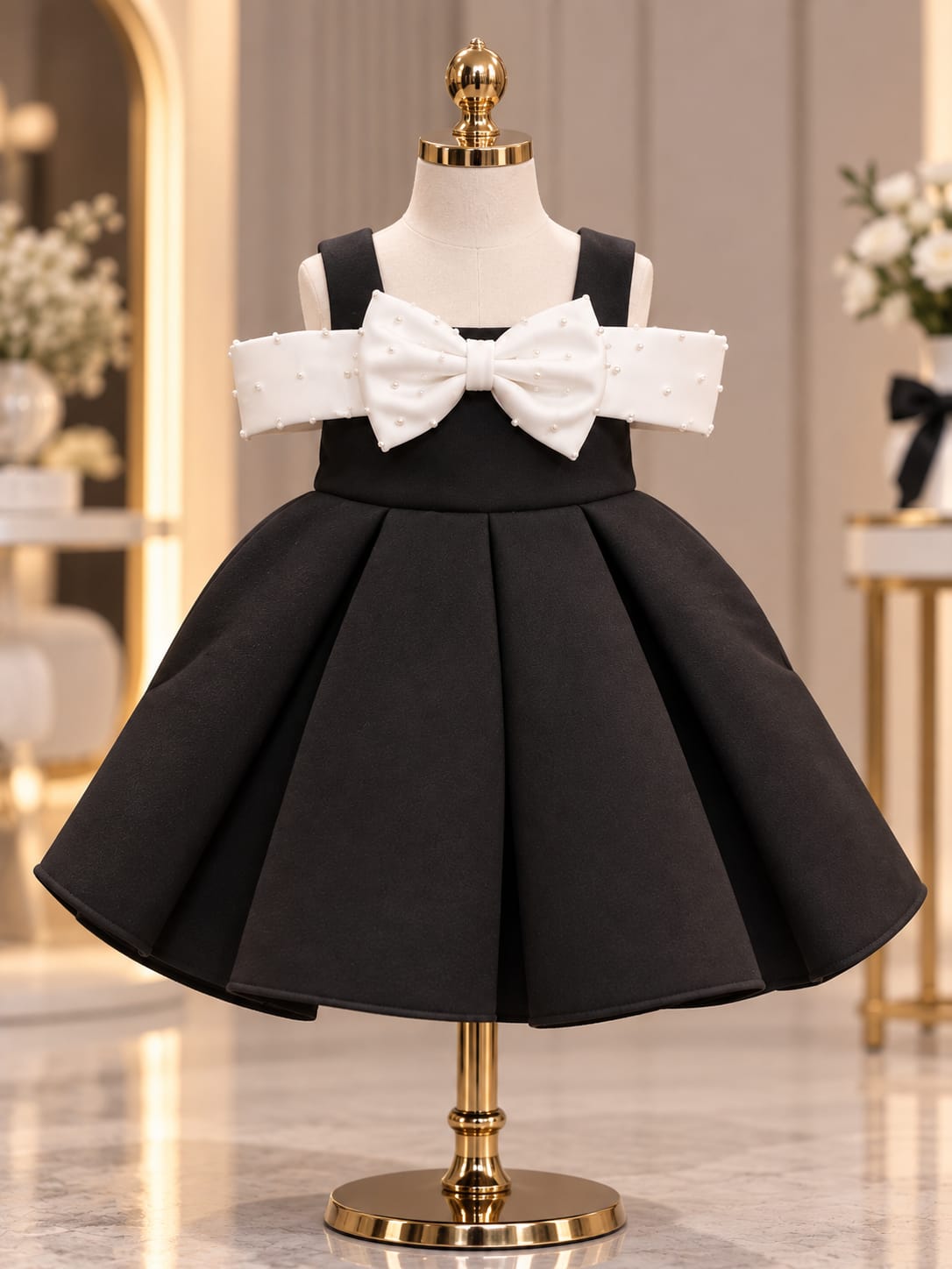 Black & White Pearl Bow Party Dress | Girls Premium Princess Dress | 1-4 Years