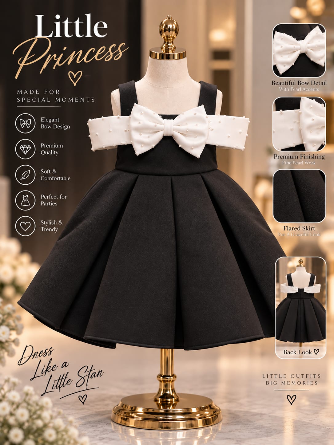 Black & White Pearl Bow Party Dress | Girls Premium Princess Dress | 1-4 Years
