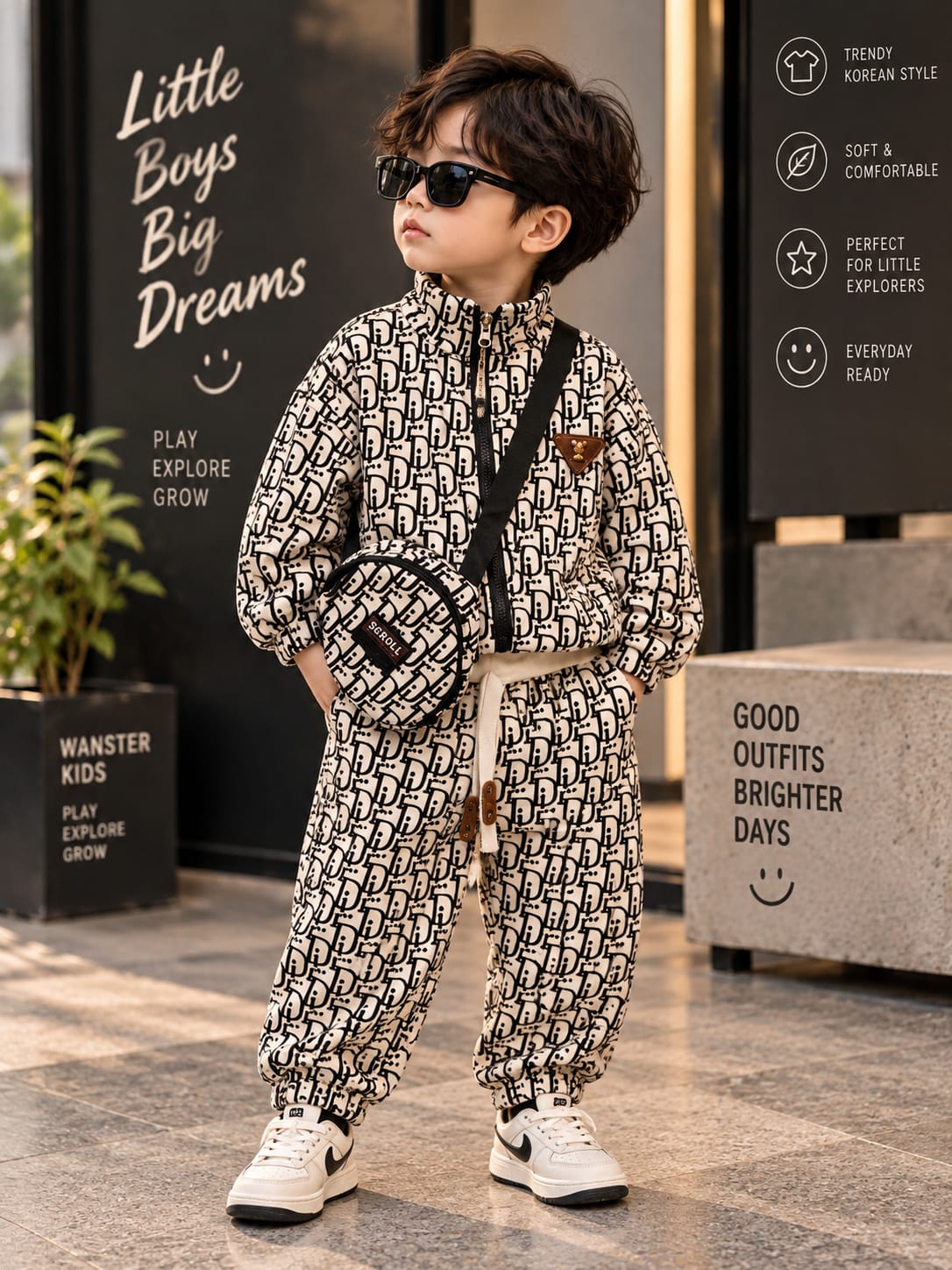 Boys Monogram Print Korean Co-Ord Set with Sling Bag | Premium Casual Outfit | 1-6 Years