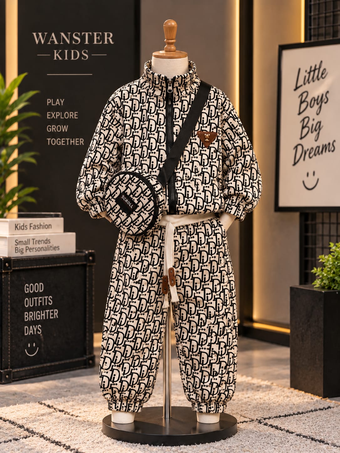Boys Monogram Print Korean Co-Ord Set with Sling Bag | Premium Casual Outfit | 1-6 Years