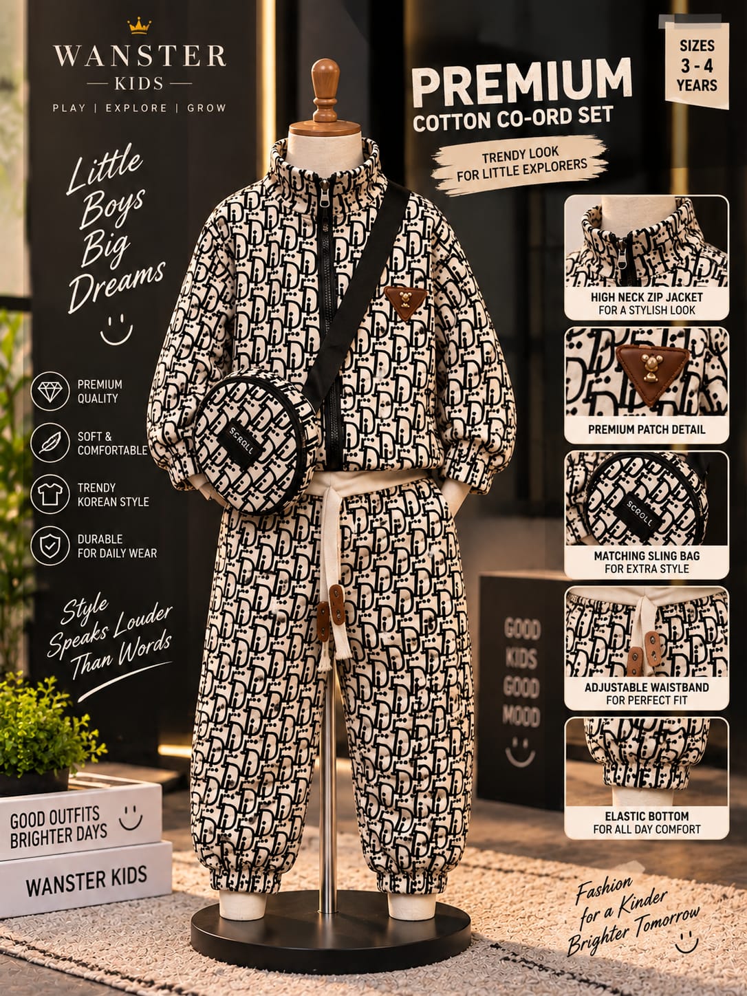 Boys Monogram Print Korean Co-Ord Set with Sling Bag | Premium Casual Outfit | 1-6 Years