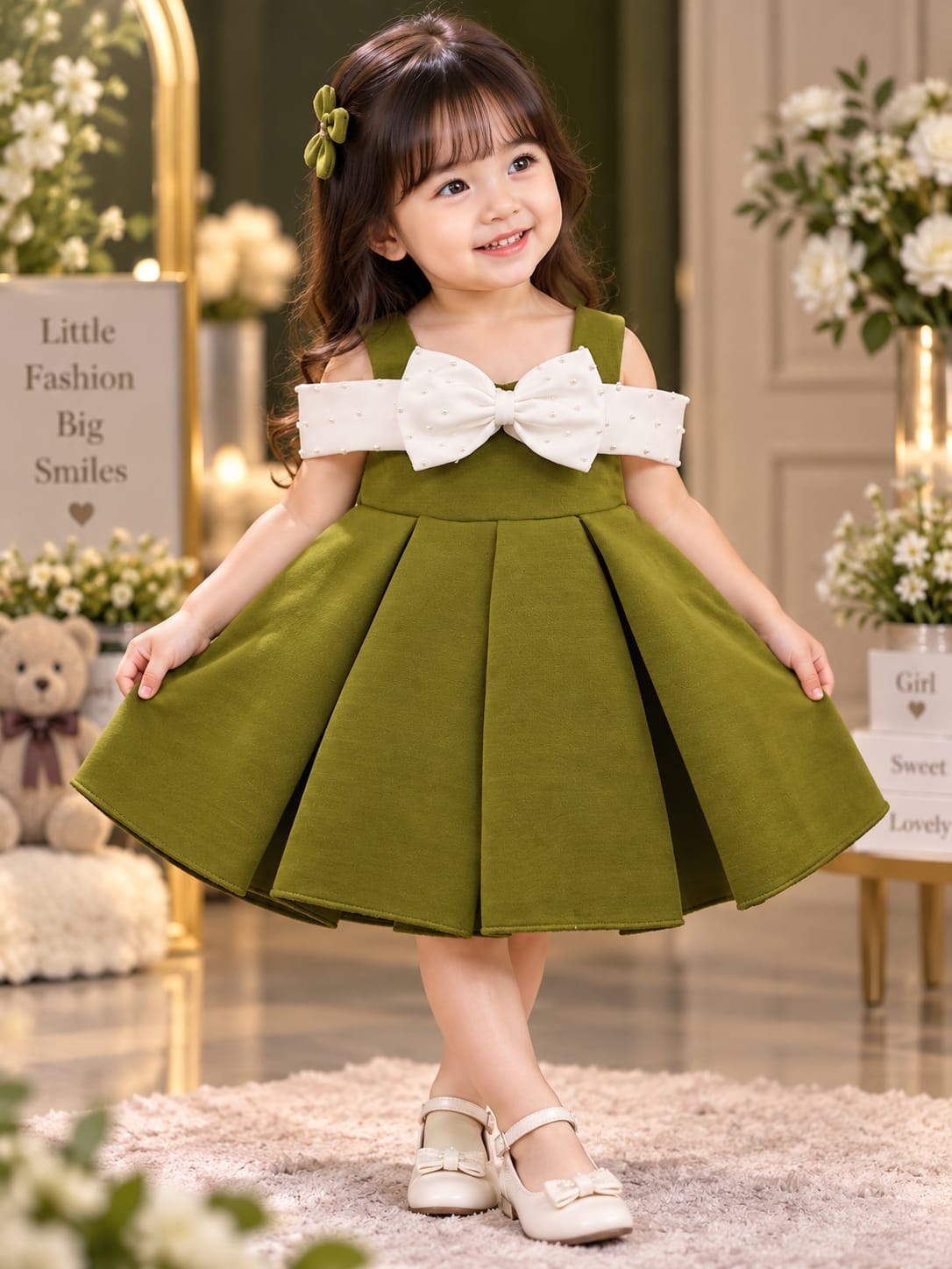 Girls Olive Green Pearl Bow Party Dress | Premium Princess Frock | 1-4 Years