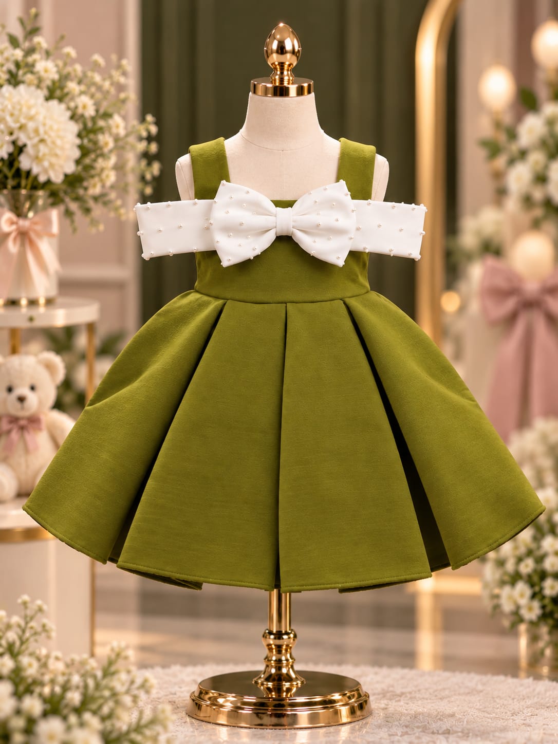 Girls Olive Green Pearl Bow Party Dress | Premium Princess Frock | 1-4 Years