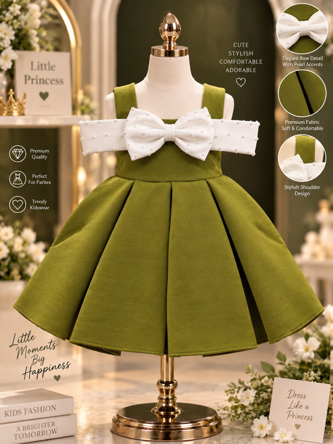 Girls Olive Green Pearl Bow Party Dress | Premium Princess Frock | 1-4 Years