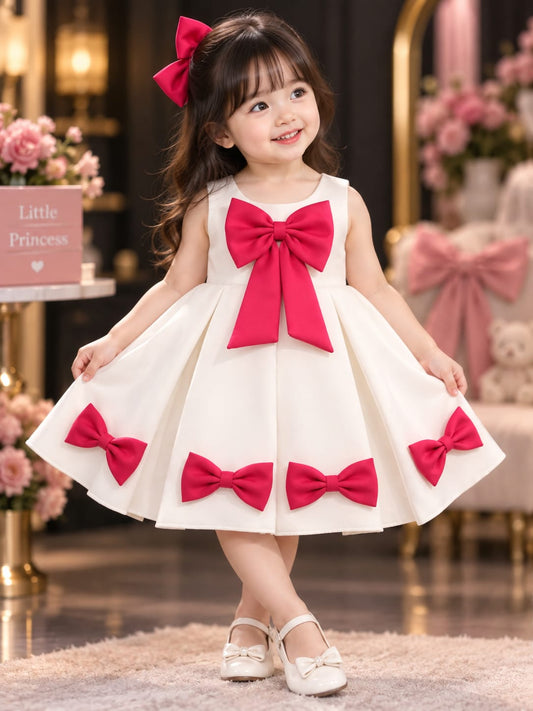 White & Pink Bow Princess Party Dress | Girls Premium Occasion Wear Dress | 1-4 Years