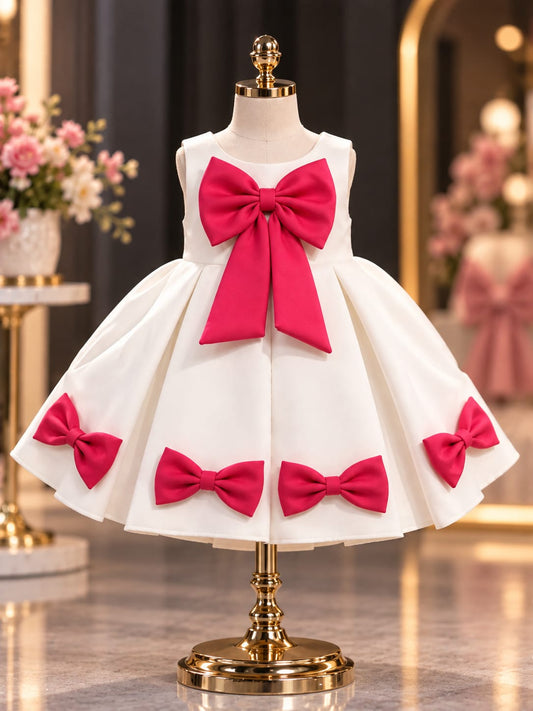 White & Pink Bow Princess Party Dress | Girls Premium Occasion Wear Dress | 1-4 Years