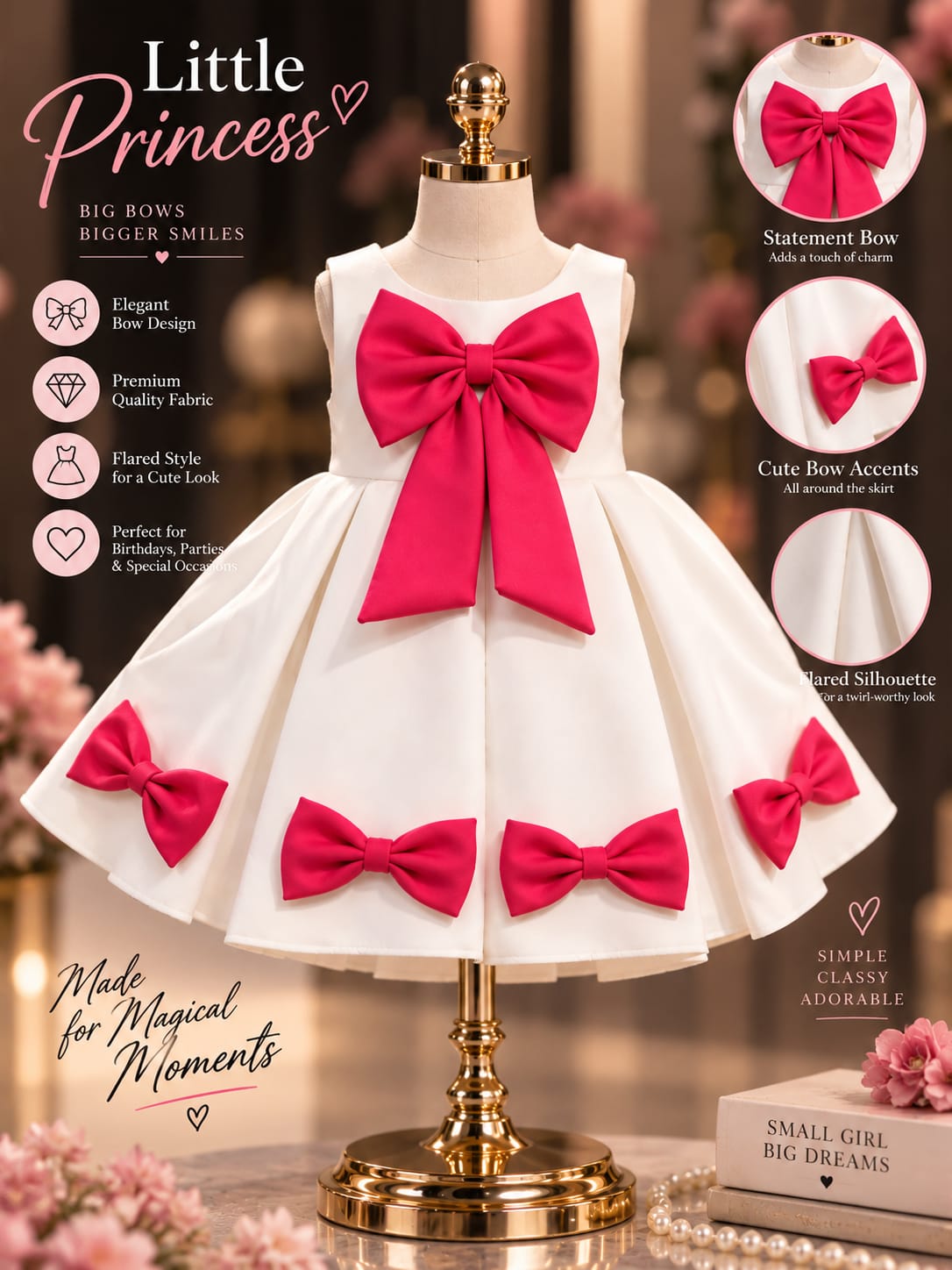 White & Pink Bow Princess Party Dress | Girls Premium Occasion Wear Dress | 1-4 Years
