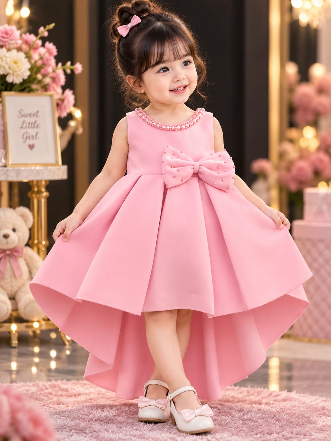 WANSTER KIDS Pink Pearl Bow Party Dress | Girls High-Low Princess Dress | 1-4 Years
