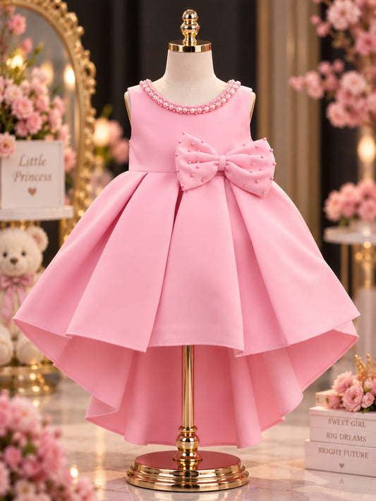 WANSTER KIDS Pink Pearl Bow Party Dress | Girls High-Low Princess Dress | 1-4 Years
