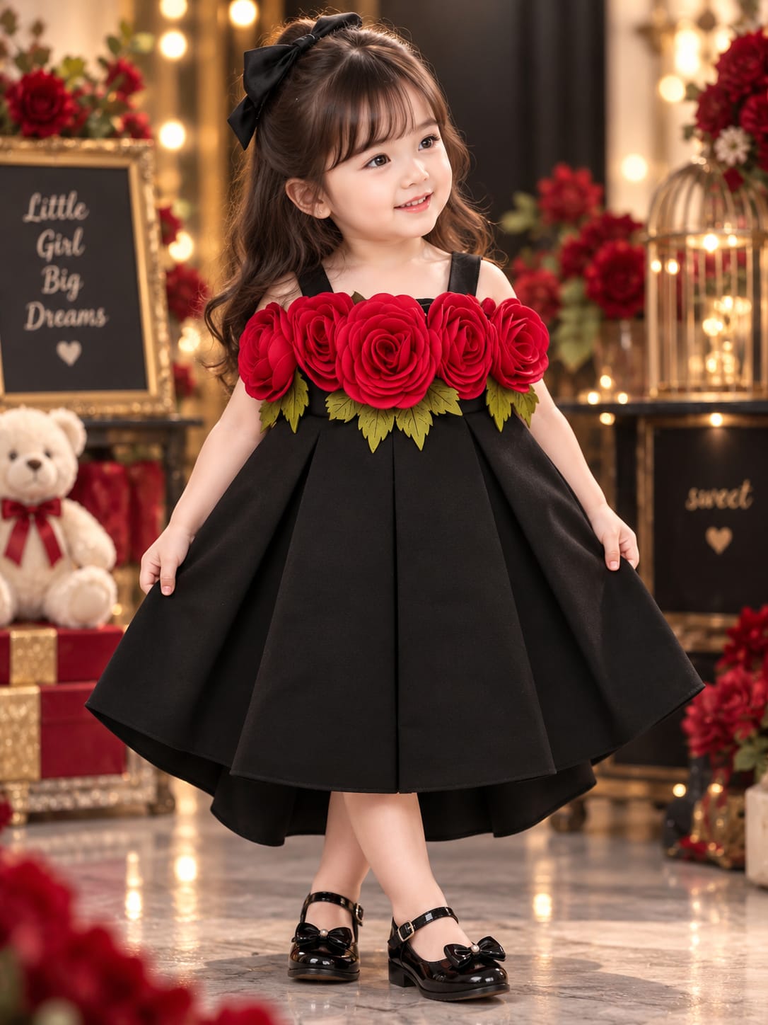 Girls Black Rose Party Dress | Premium Floral High-Low Princess Dress | 1-4 Years