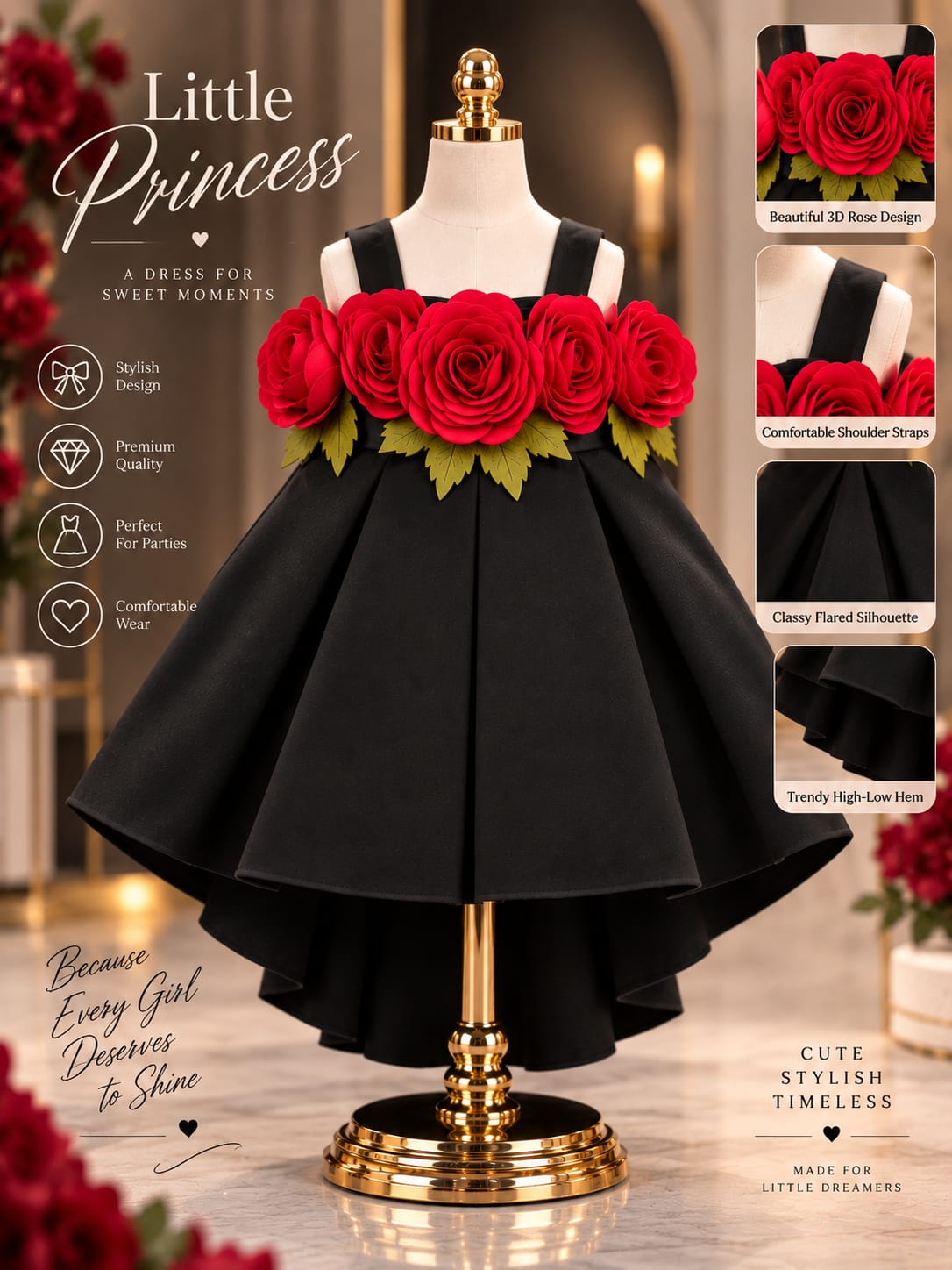 Girls Black Rose Party Dress | Premium Floral High-Low Princess Dress | 1-4 Years