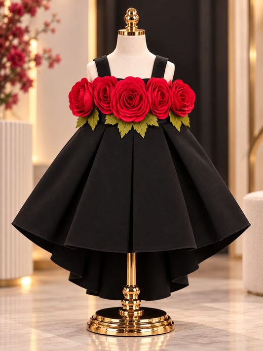 Girls Black Rose Party Dress | Premium Floral High-Low Princess Dress | 1-4 Years