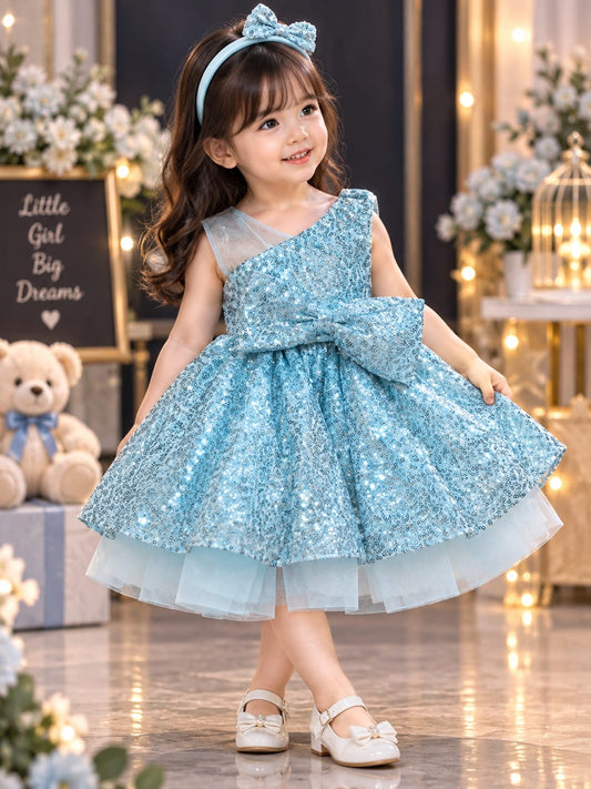 Girls Sky Blue Sequin Party Dress with Headband | Princess Birthday Dress | 1-4 Years