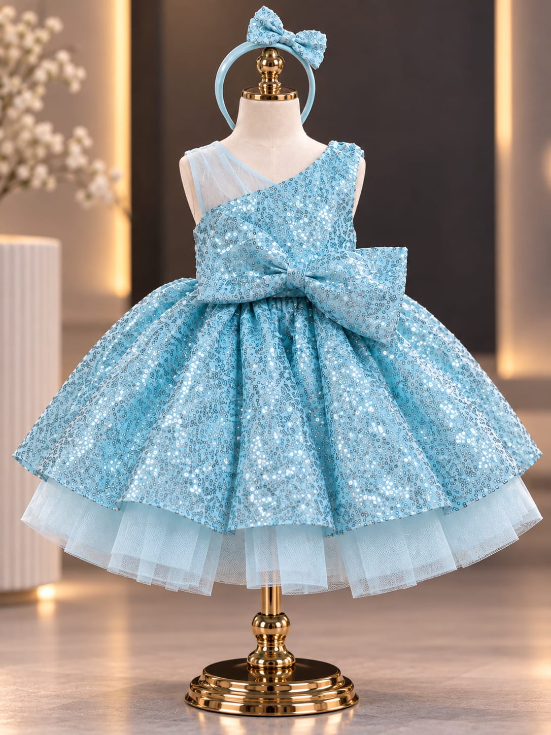 Girls Sky Blue Sequin Party Dress with Headband | Princess Birthday Dress | 1-4 Years