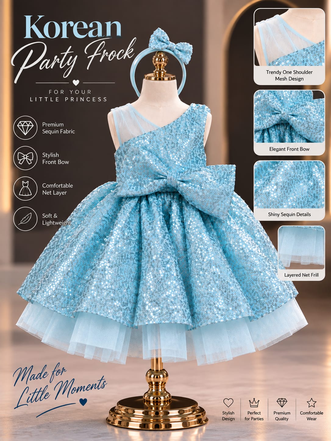 Girls Sky Blue Sequin Party Dress with Headband | Princess Birthday Dress | 1-4 Years