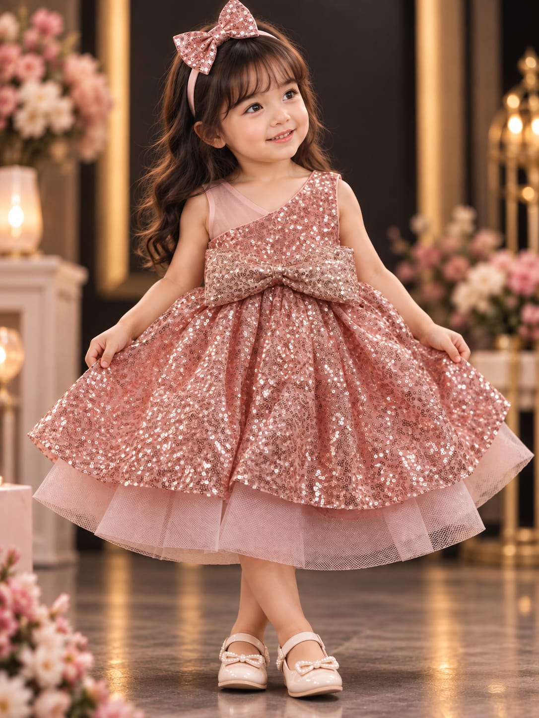 Girls Rose Gold Sequin Party Dress with Headband | One Shoulder Princess Dress | 1-4 Years