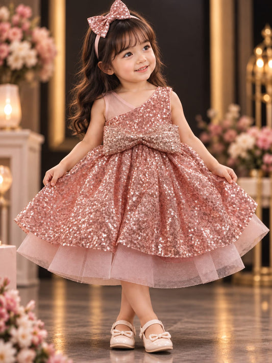 Girls Rose Gold Sequin Party Dress with Headband | One Shoulder Princess Dress | 1-4 Years