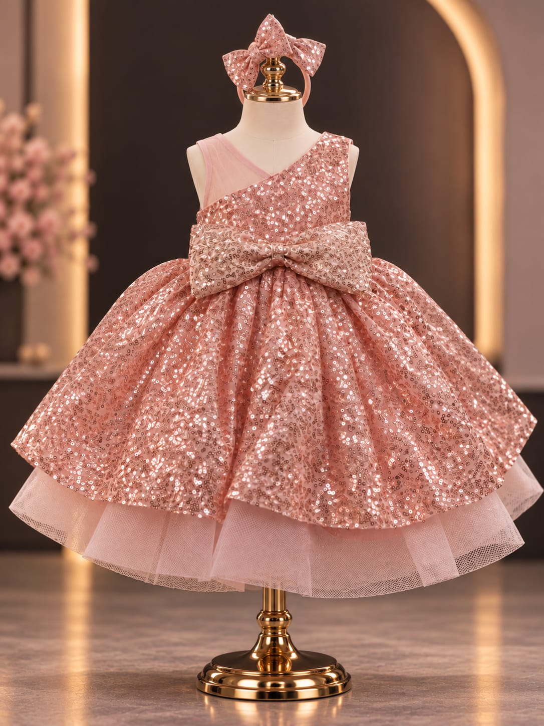 Girls Rose Gold Sequin Party Dress with Headband | One Shoulder Princess Dress | 1-4 Years