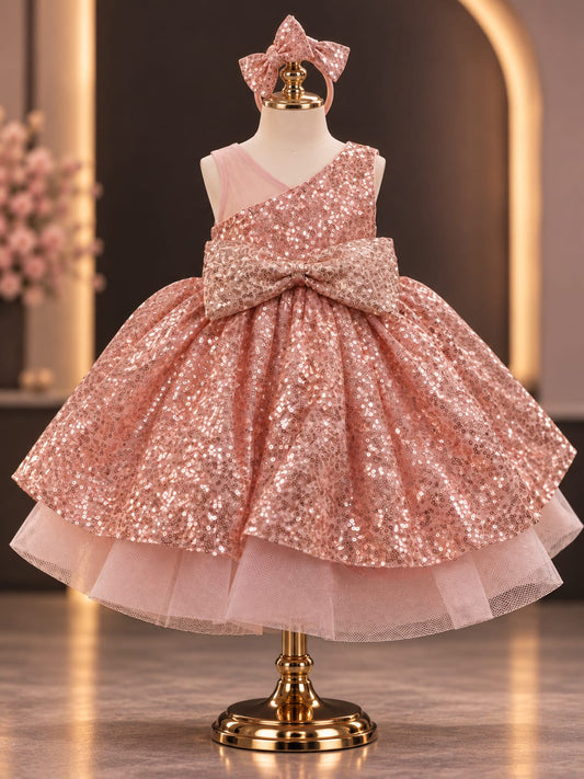 Girls Rose Gold Sequin Party Dress with Headband | One Shoulder Princess Dress | 1-4 Years