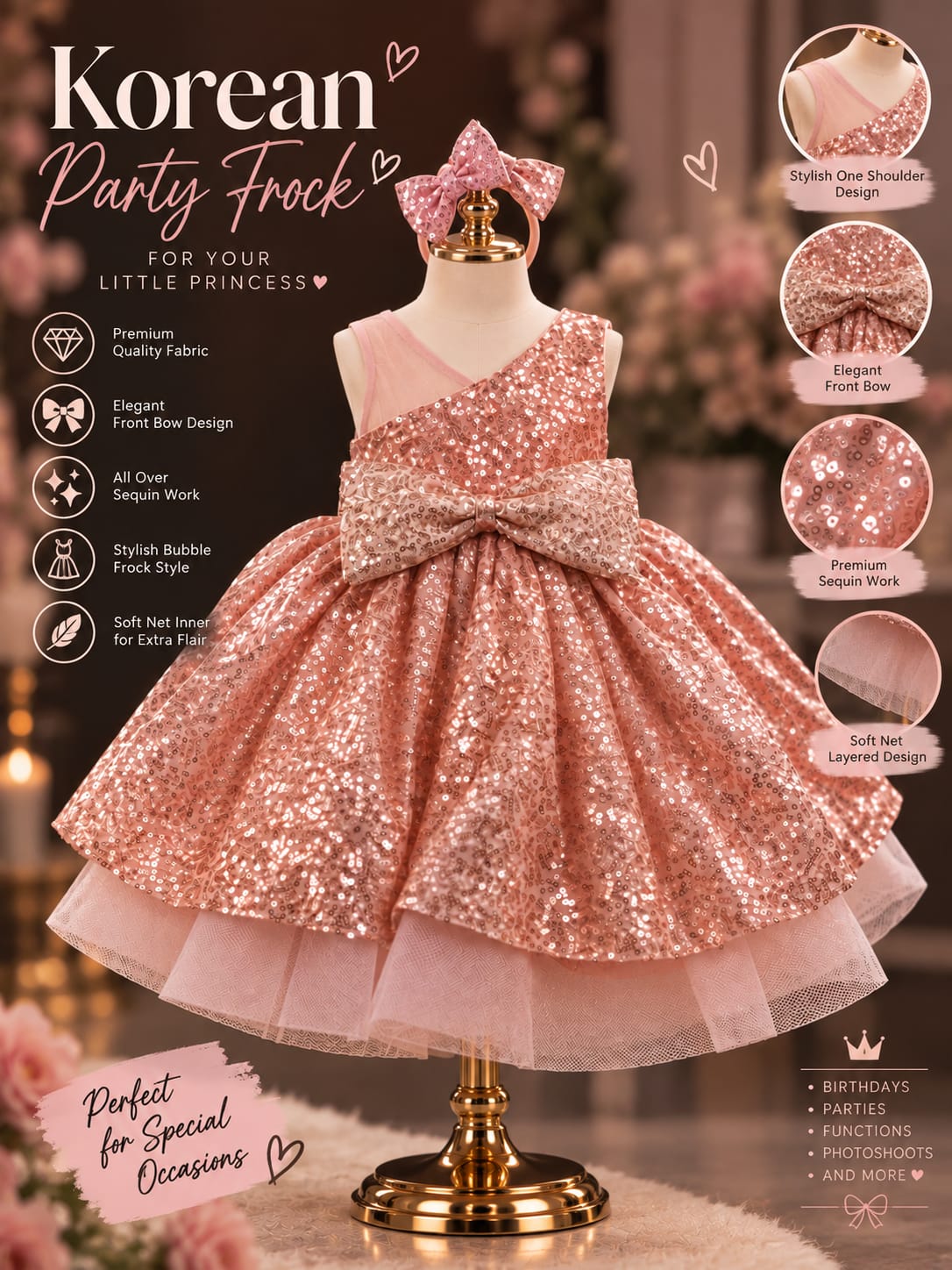 Girls Rose Gold Sequin Party Dress with Headband | One Shoulder Princess Dress | 1-4 Years