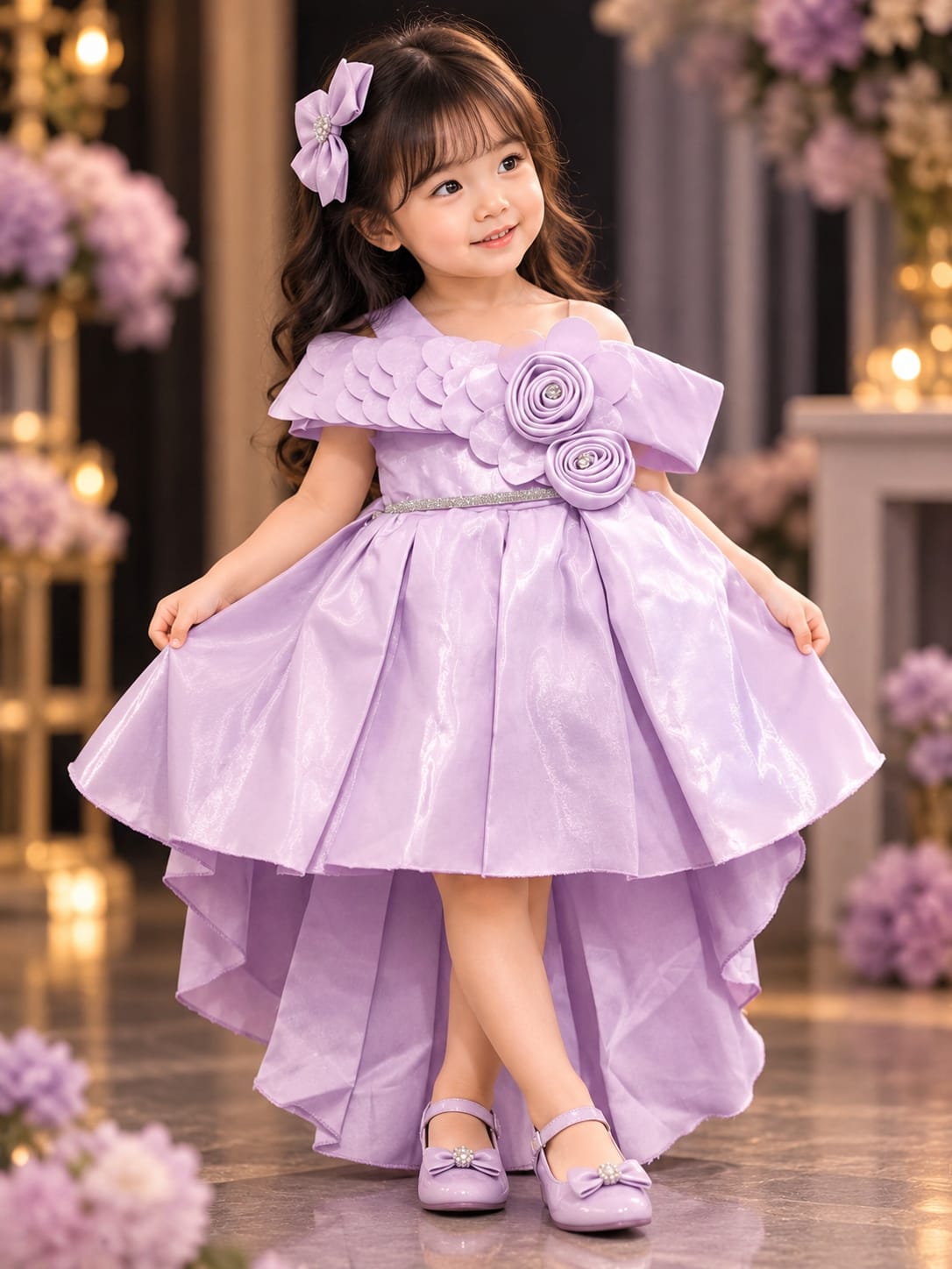 Girls Lavender Purple Off-Shoulder Floral High-Low Party Dress | Elegant Princess Gown | 1–5 Years