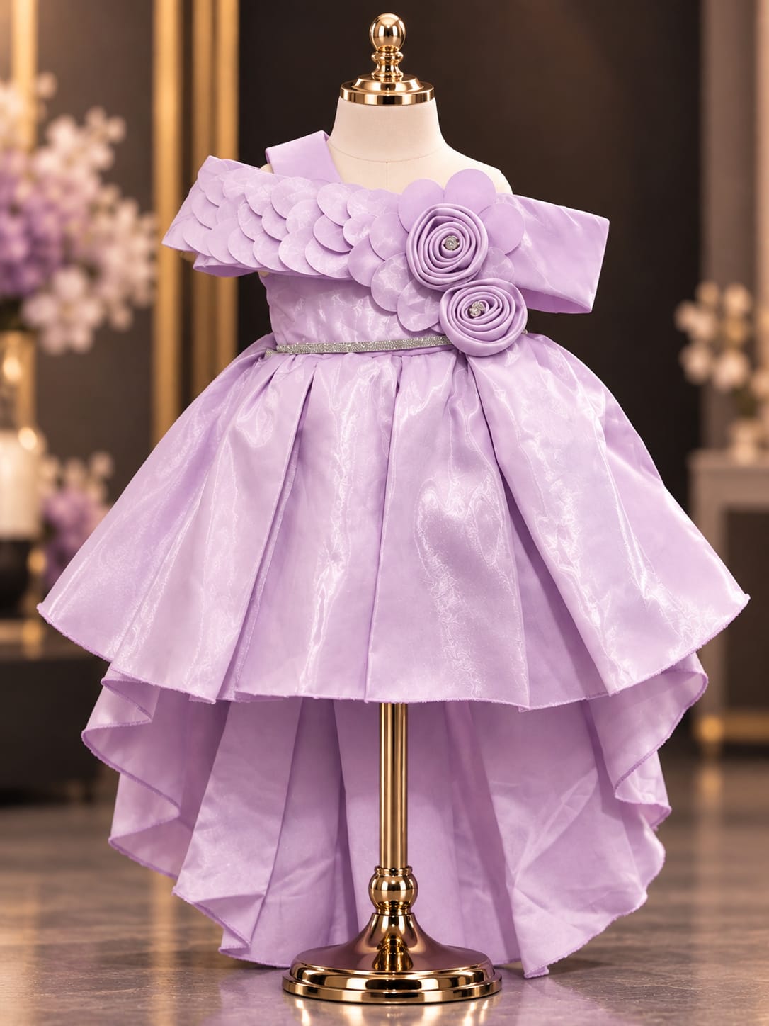 Girls Lavender Purple Off-Shoulder Floral High-Low Party Dress | Elegant Princess Gown | 1–5 Years