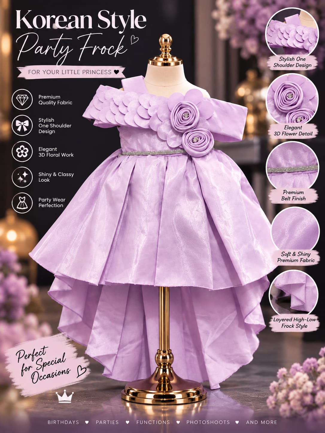 Girls Lavender Purple Off-Shoulder Floral High-Low Party Dress | Elegant Princess Gown | 1–5 Years