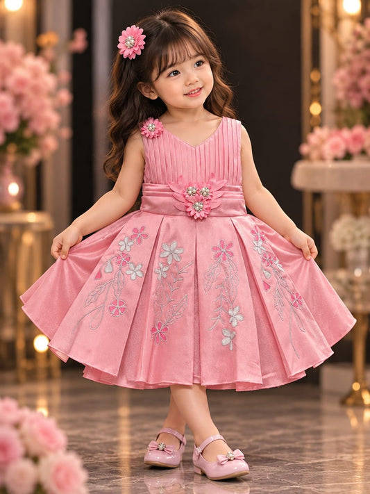 Girls Pink Floral Embroidered Party Dress | Princess Birthday Dress | 1-4 Years