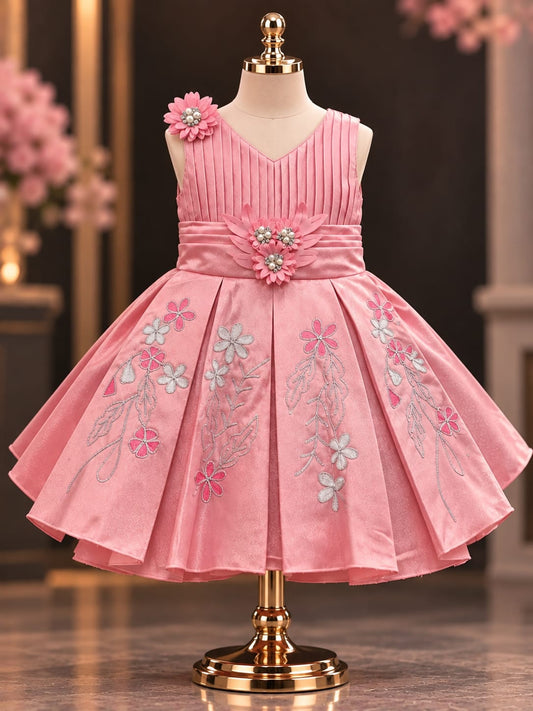 Girls Pink Floral Embroidered Party Dress | Princess Birthday Dress | 1-4 Years