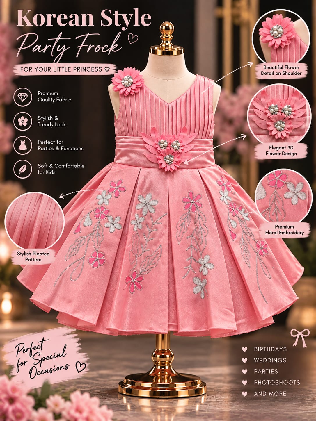 Girls Pink Floral Embroidered Party Dress | Princess Birthday Dress | 1-4 Years