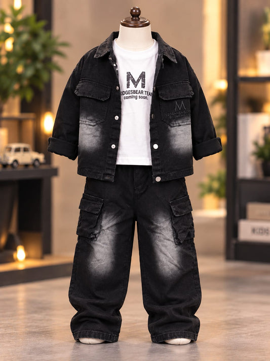 Boys Black Denim Jacket & Cargo Jeans Set with Graphic T-Shirt | Kids Streetwear Co-ord Set | 1–6 Years