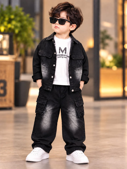 Boys Black Denim Jacket & Cargo Jeans Set with Graphic T-Shirt | Kids Streetwear Co-ord Set | 1–6 Years