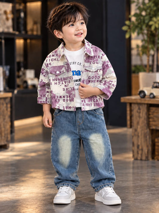 Boys Korean Style Printed Denim Jacket with Baggy Jeans | Trendy Casual Outfit | Sizes 18–26