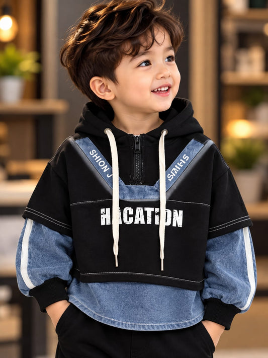 Boys Premium Korean Style Hoodie Sweatshirt | Denim Layered Look | Stylish Casual Wear | Sizes 18–26